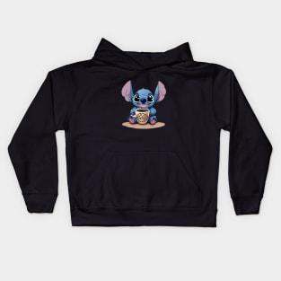 Cute kawaii stitch with coffee Kids Hoodie